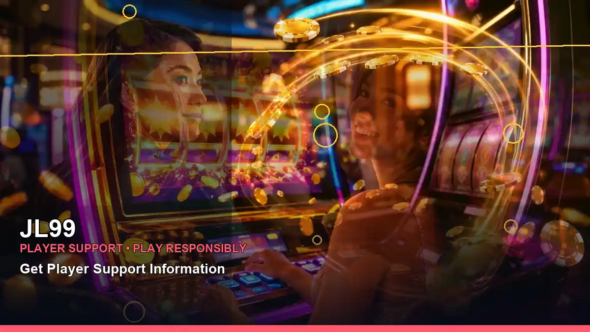 JL99 online reel game scene with an adult Filipina casino host in a left-diagonal composition