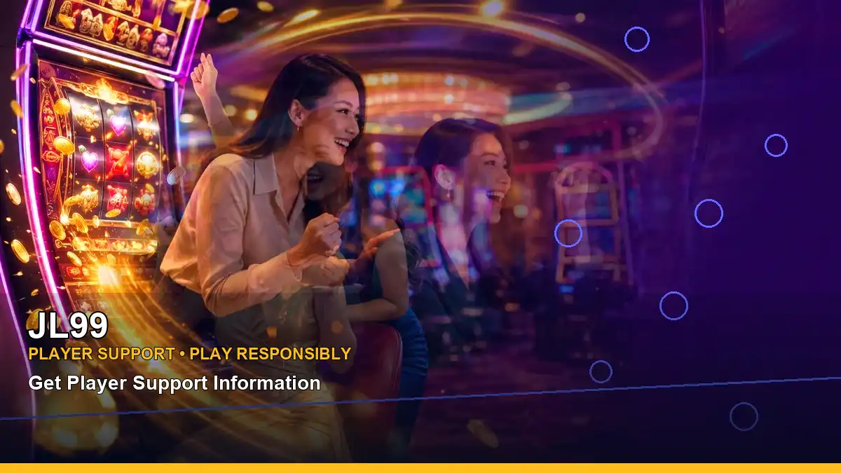JL99 night-time online slots shown with an adult Filipina casino host and a wide reel layout